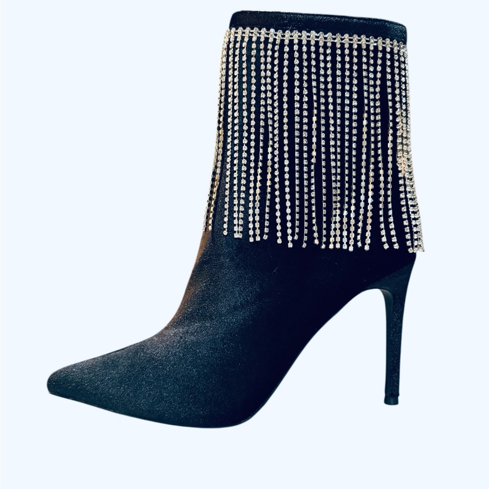 NIB! Kayleen by Los Angeles Black Stiletto Ankle Boots with Rhinestone Fringe